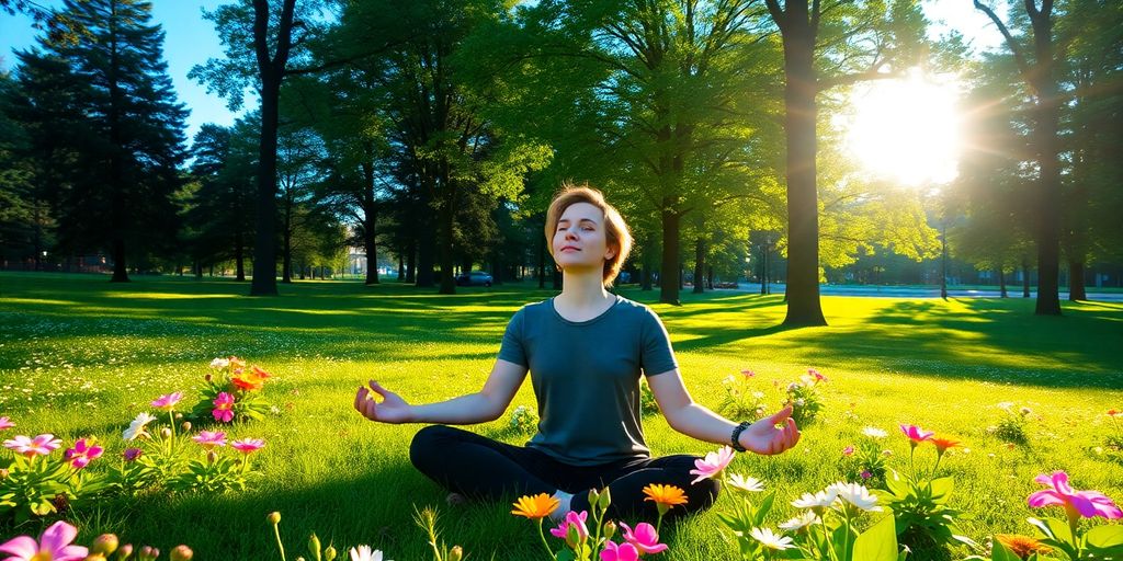 Person meditating in a tranquil park surrounded by nature.