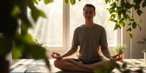 Person meditating in a peaceful natural workspace.