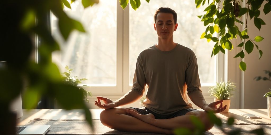 Person meditating in a peaceful natural workspace.