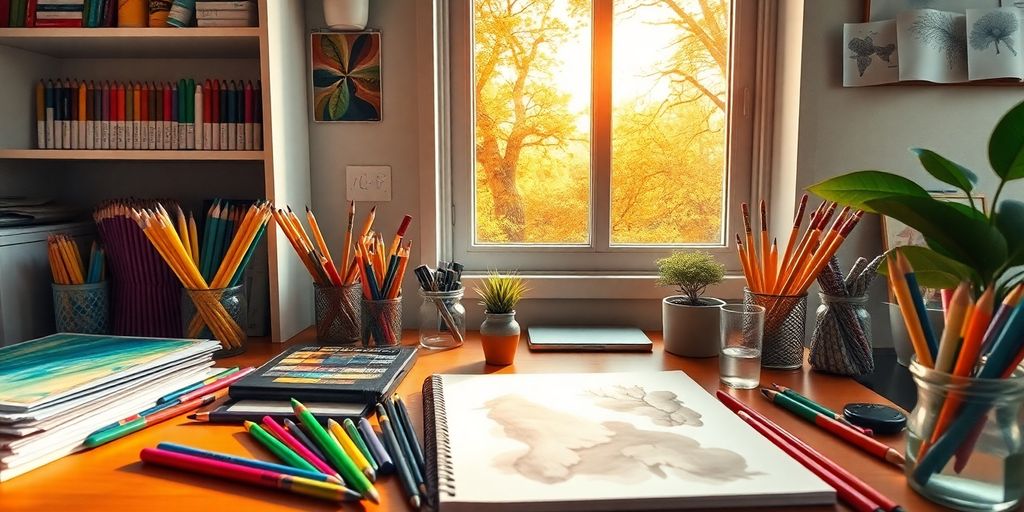 A colorful workspace filled with art supplies and nature.