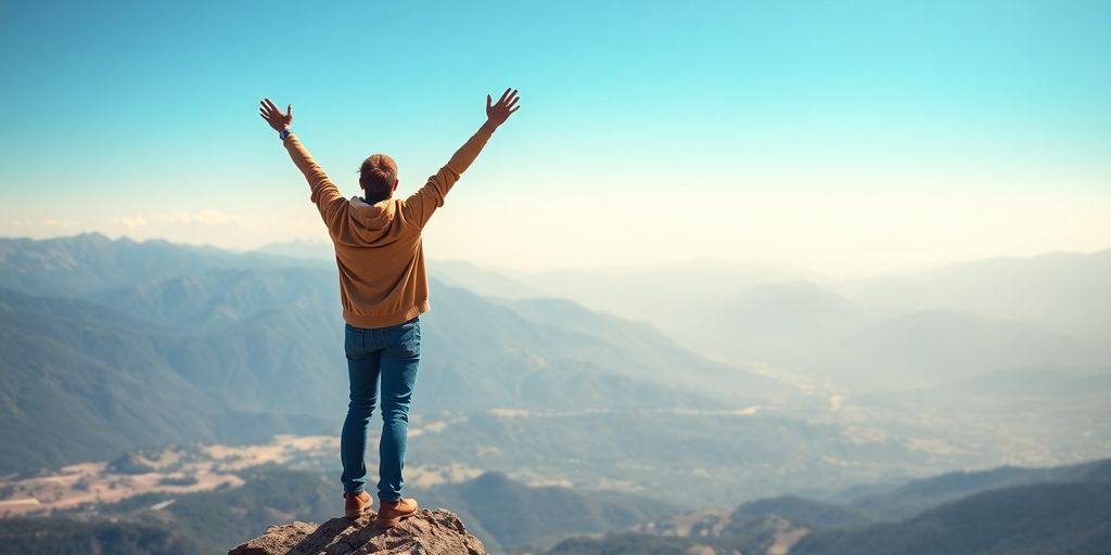 Person celebrating victory on a mountain top with arms raised.
