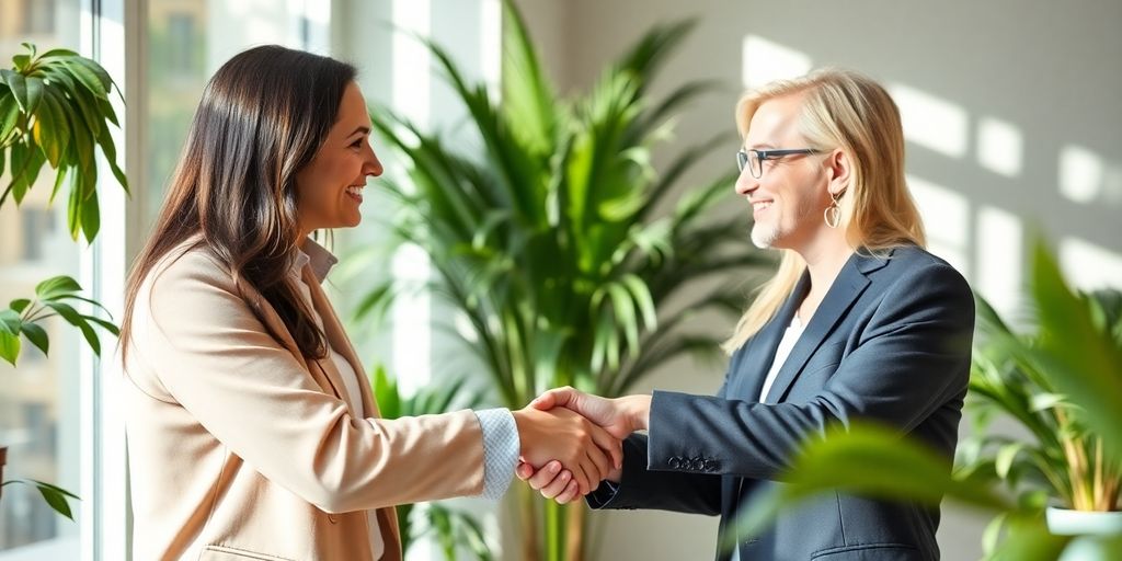 Two professionals shaking hands in a bright office.