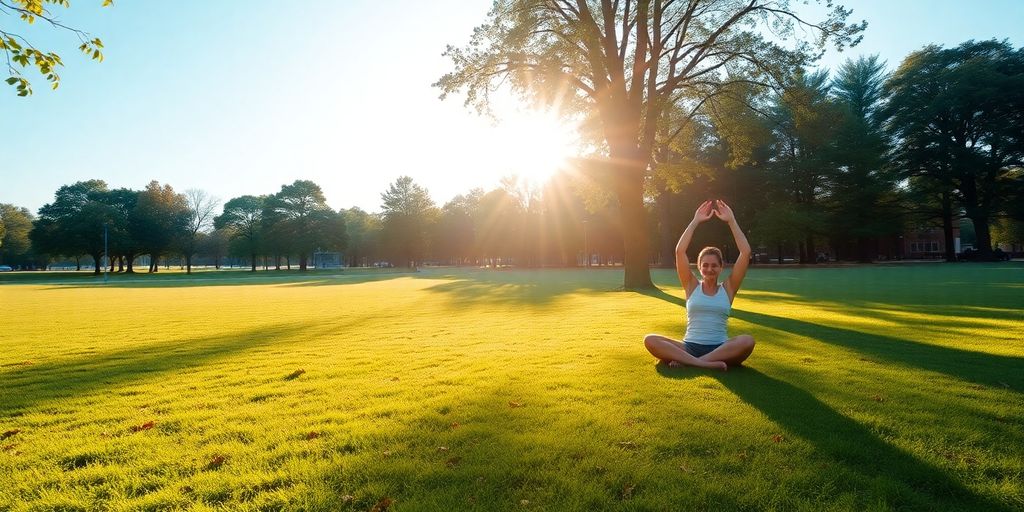 Person practicing yoga in a peaceful outdoor park setting.