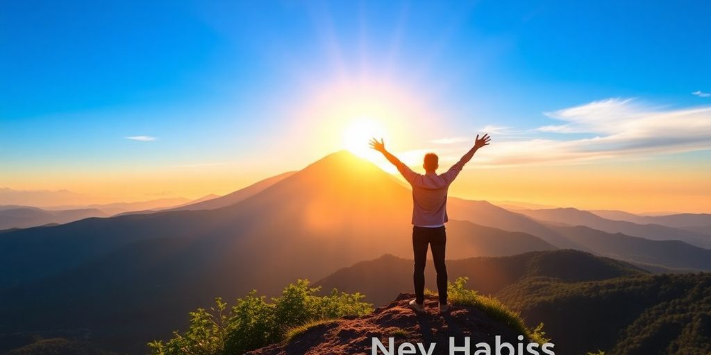 Person celebrating a sunrise on a mountain peak.