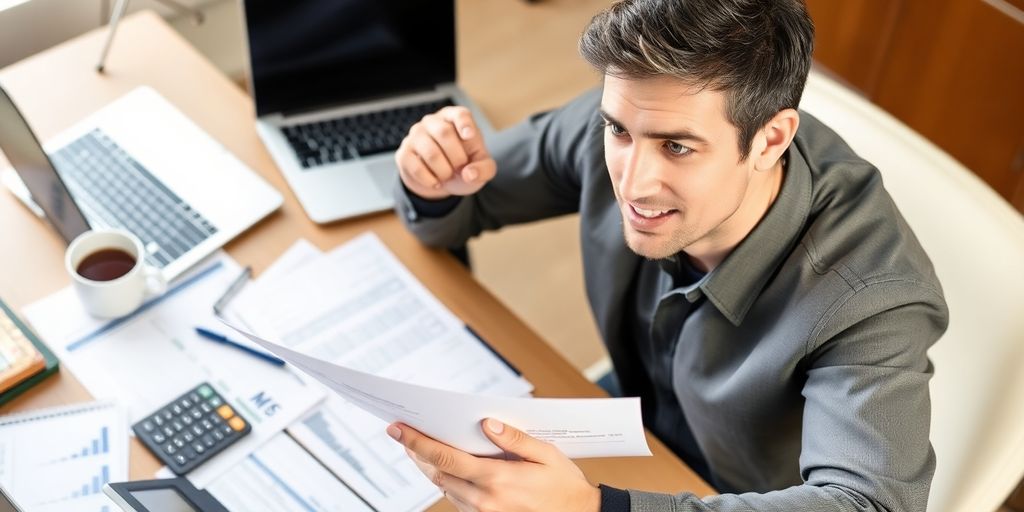 Person analyzing finances at a desk with laptop and documents.