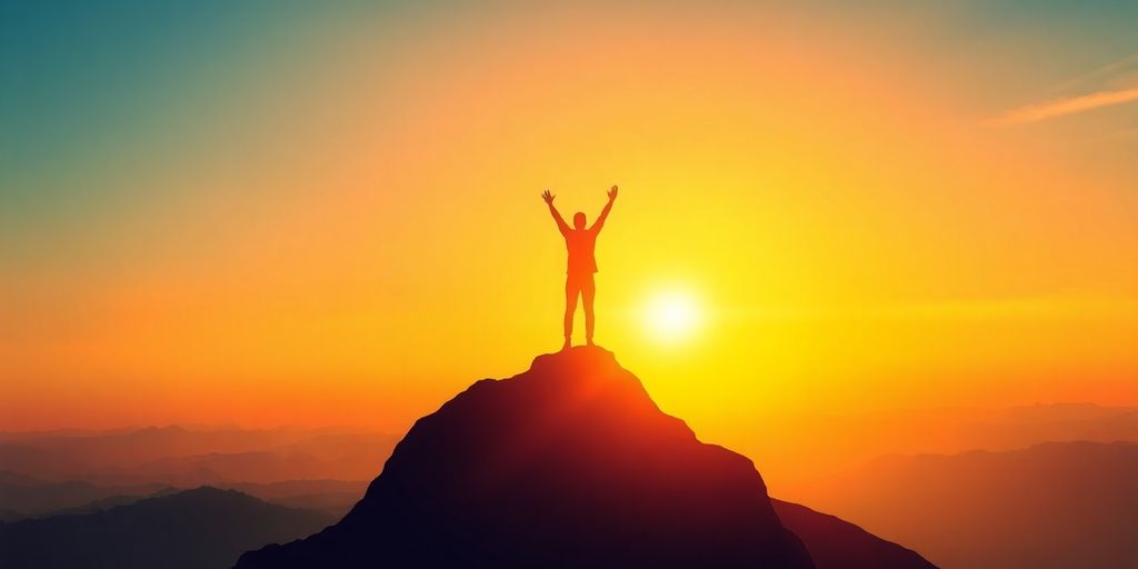 Person celebrating at a mountain peak during sunrise.