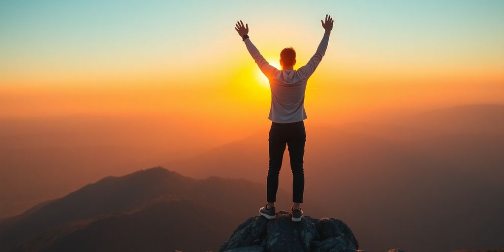 Person celebrating confidence on a mountain peak at sunset.