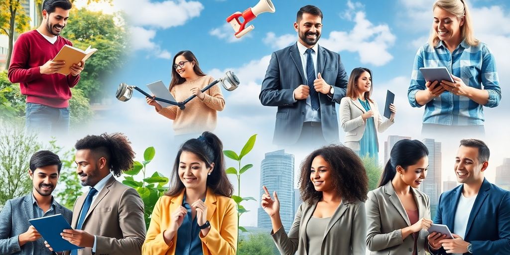 Collage of successful people engaged in productive activities.