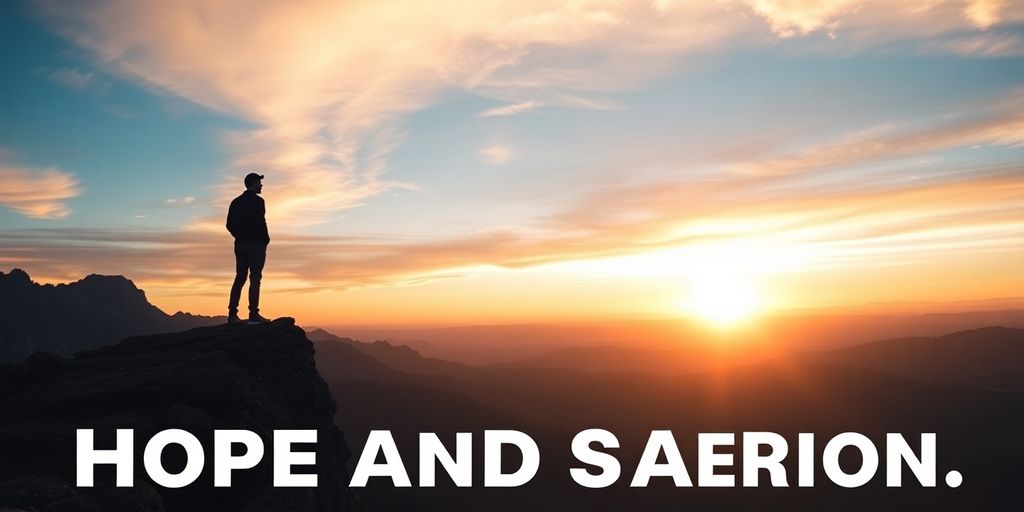 Person on mountain cliff gazing at sunrise over landscape.