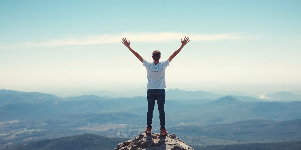 Person celebrating achievement on a mountaintop with open arms.