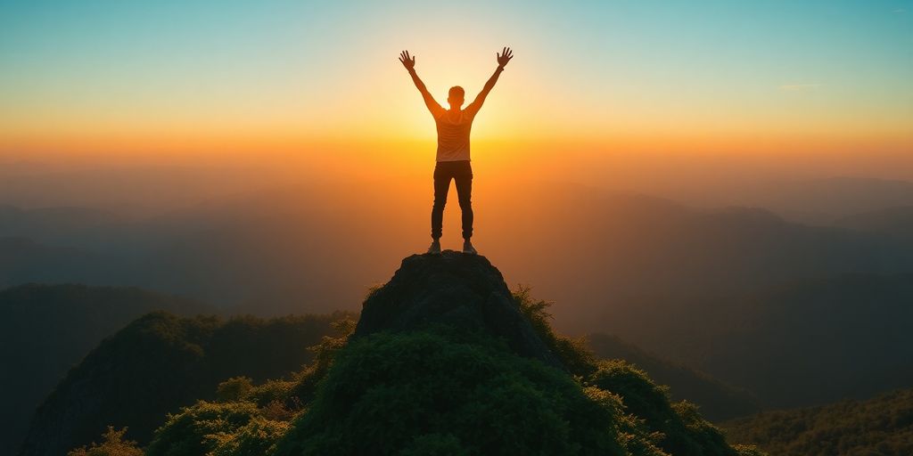 Person celebrating on a mountain peak at sunset.
