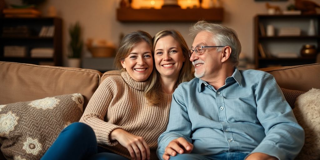 Couple smiling together on a cozy couch at home.