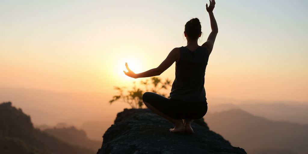 Person doing yoga at sunrise on a cliff.