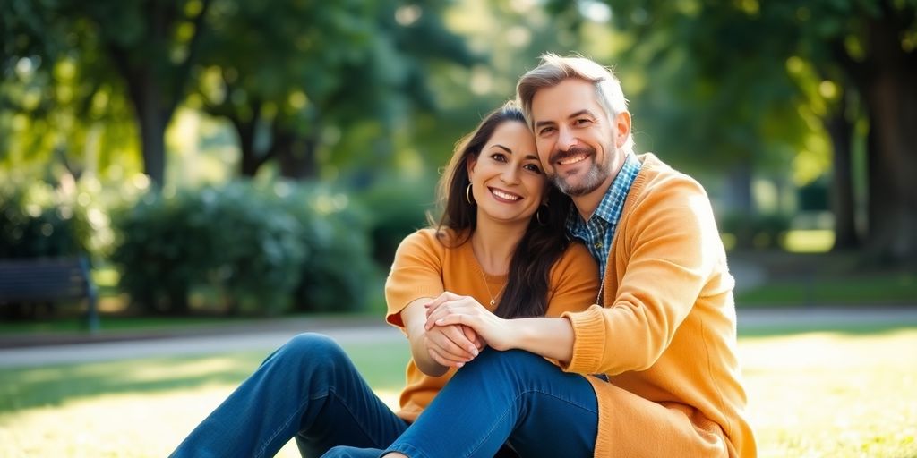 Couple holding hands in a sunny park, smiling happily.