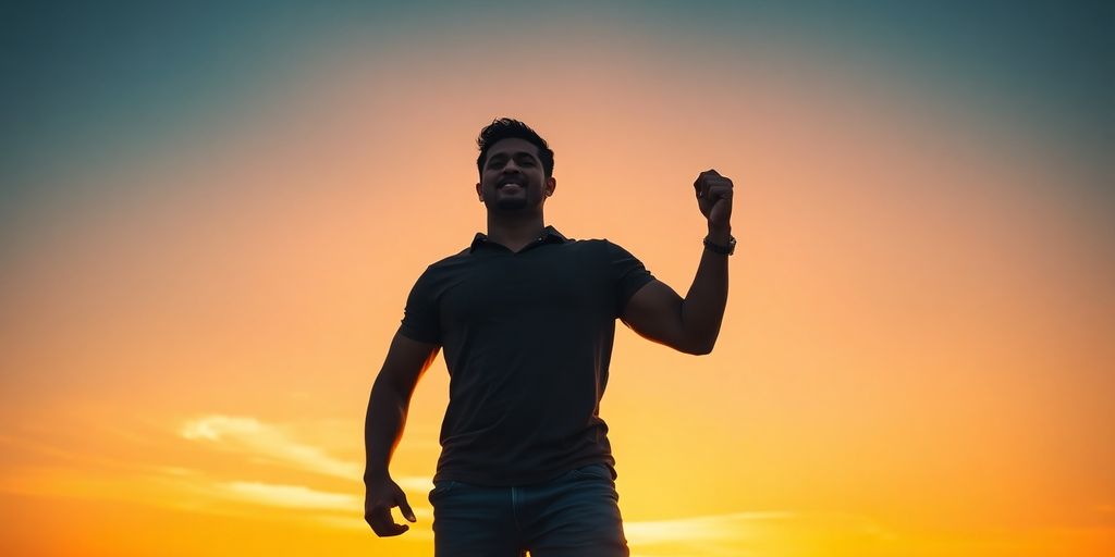 Confident person standing tall against a vibrant sunset backdrop.