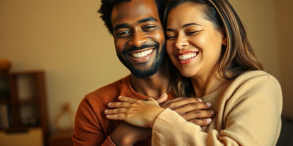 Couple embracing, warm glow.