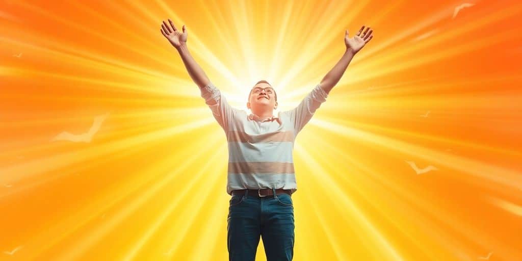 Confident person celebrating success with arms raised outdoors.