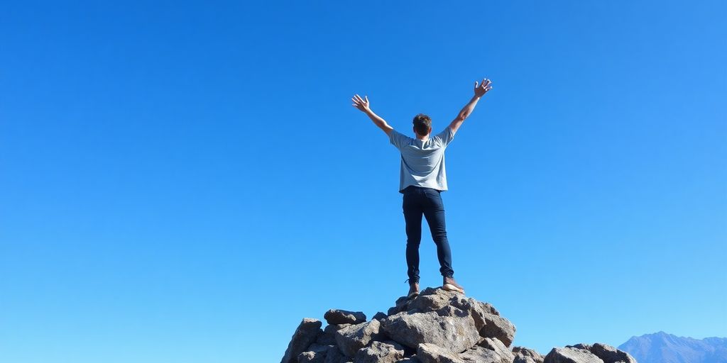 Person celebrating confidence on mountain peak under blue sky.
