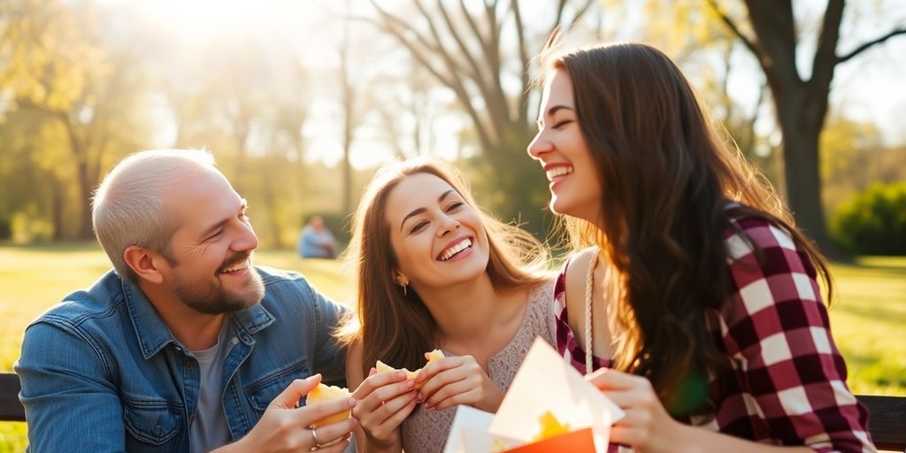 Couple laughing together during a sunny picnic in nature.