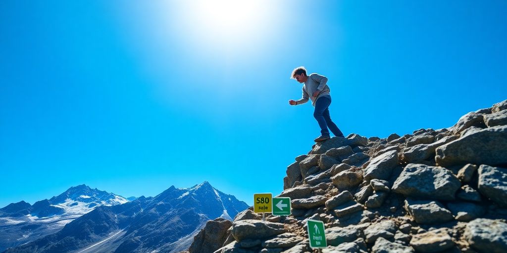 Person climbing a mountain toward a bright sky.
