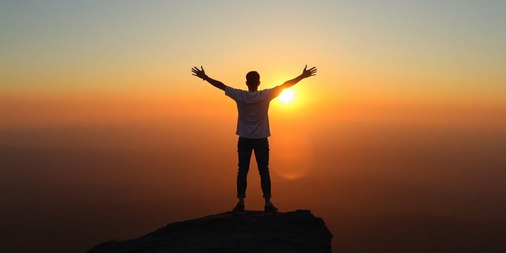 Person on cliff at sunset with arms outstretched.