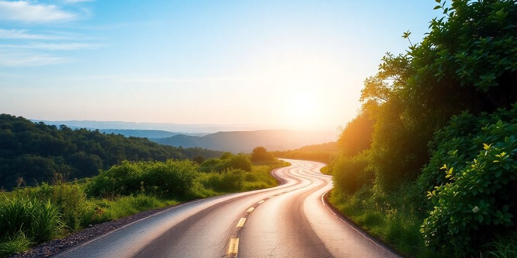 A winding road through a lush landscape towards the horizon.