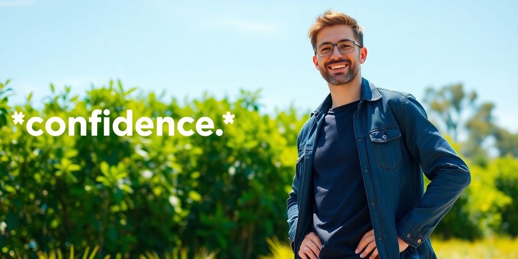 Confident person smiling outdoors in a sunny environment.