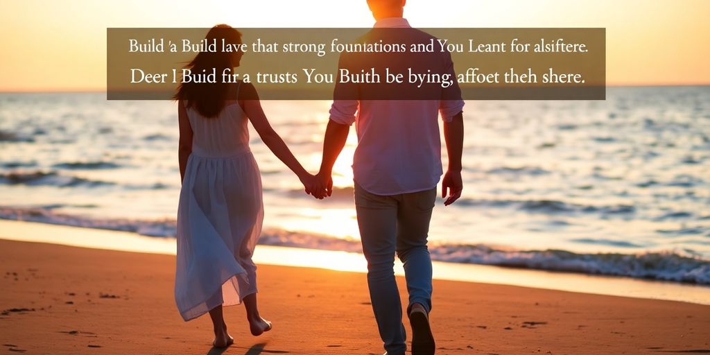 Couple walking hand in hand on a beach at sunset.