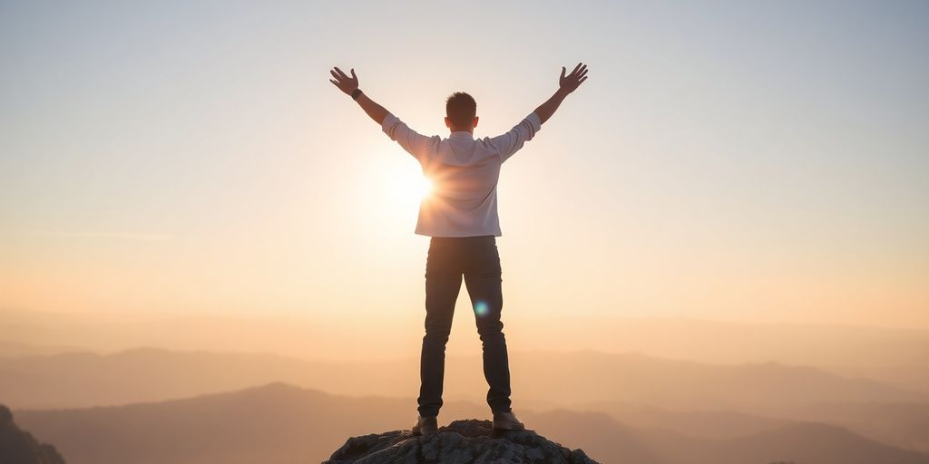 Confident person on mountain peak with sunrise background.