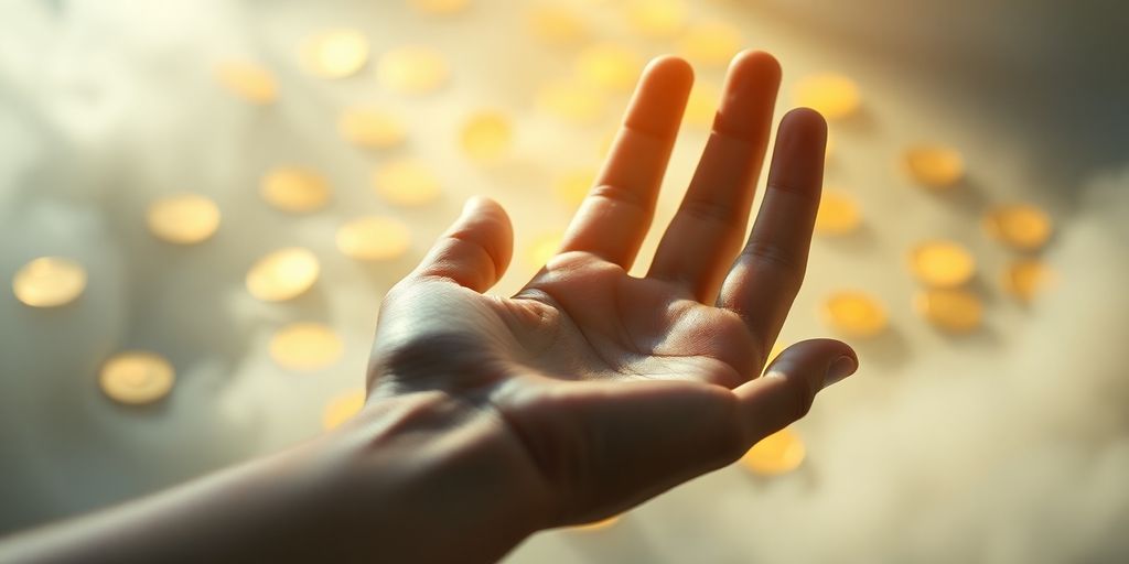 Hand reaching for glowing coins in a soft light.