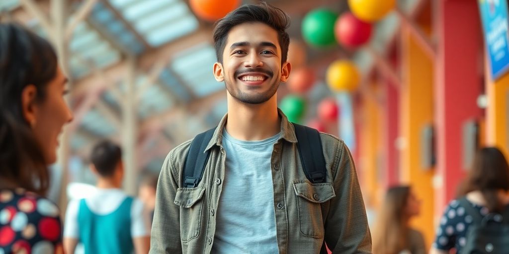 Confident individual smiling in a lively social setting.
