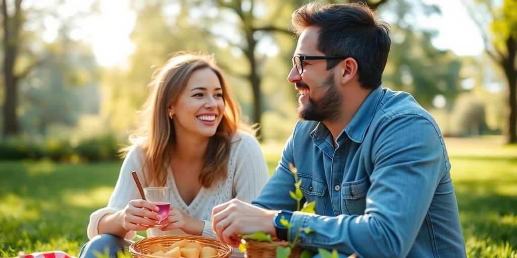 Couple enjoying a picnic, smiling and sharing moments together.