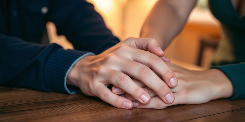 Two hands clasped together on a wooden surface.
