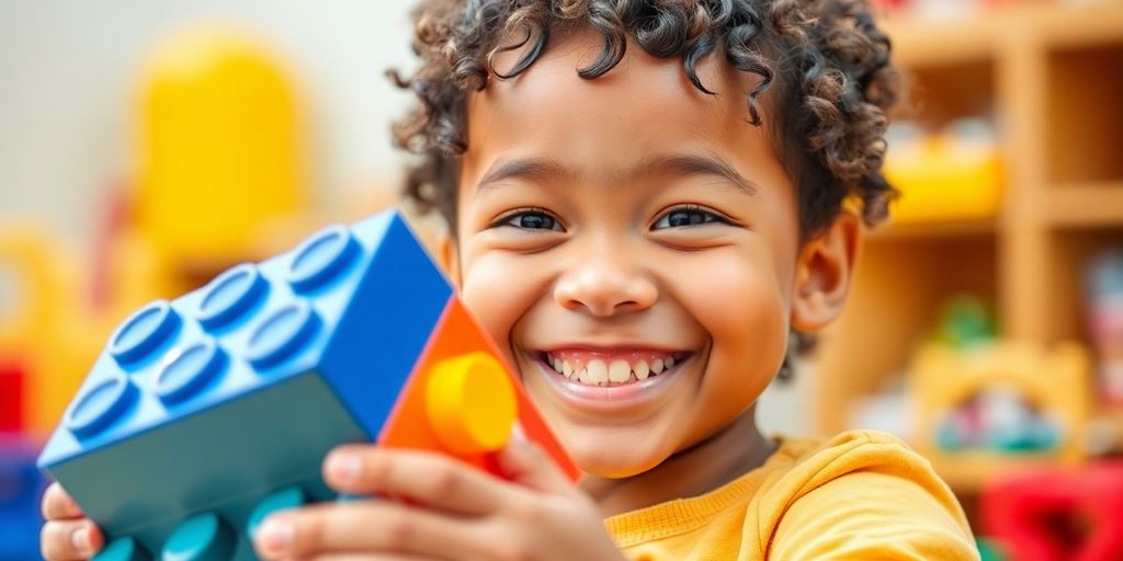 Happy child building with colorful blocks.