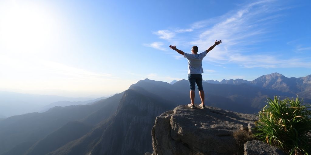 Person gazing at a distant mountain peak.
