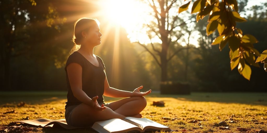 Sunrise, person meditating, open journal, warm glow.