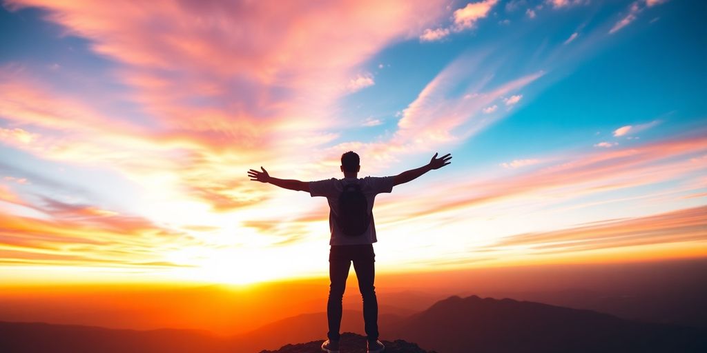 Person standing on mountain peak, looking at sunset.
