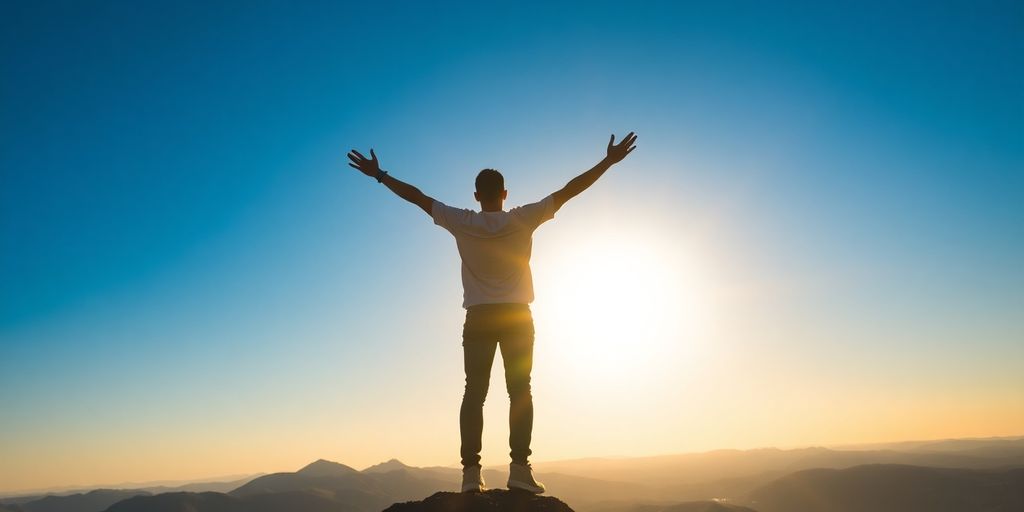 Person with arms raised in triumph.