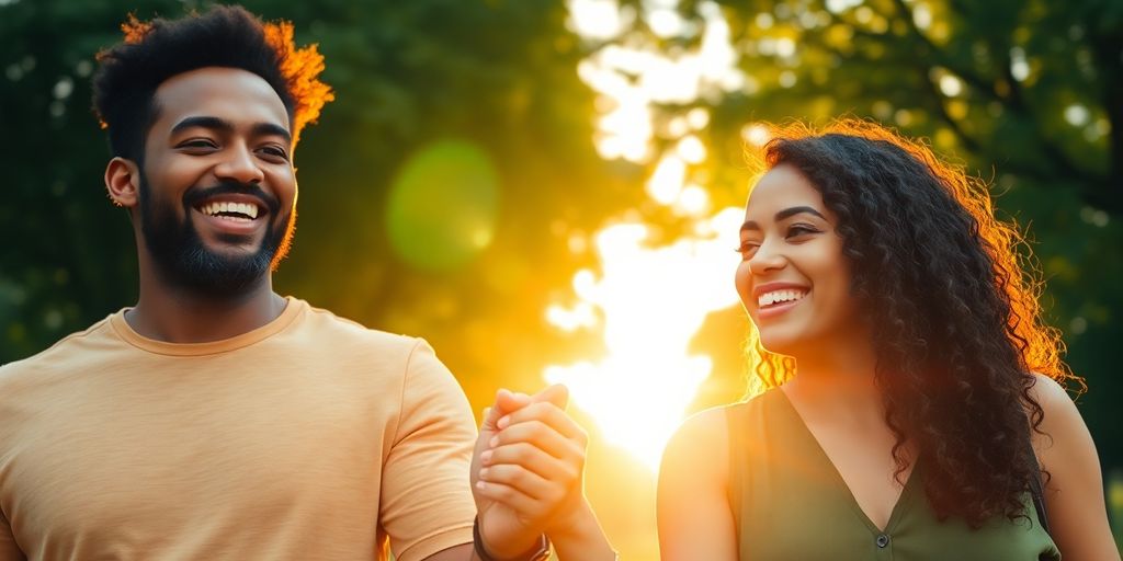 Happy couple holding hands outdoors