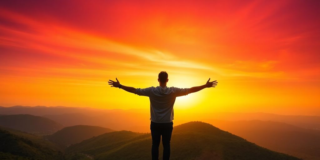 Person standing on mountain, arms outstretched, sunset.
