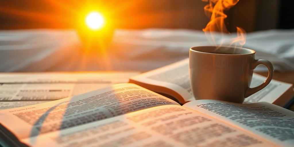 Sunrise, open book, coffee, growth, success.