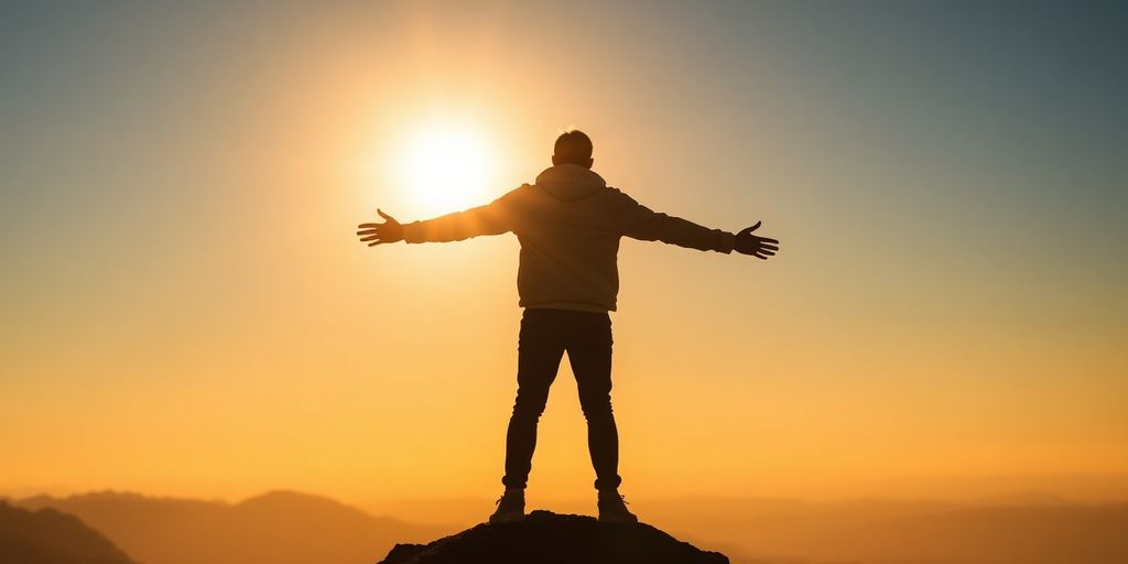 Person standing tall, arms open, mountain vista.