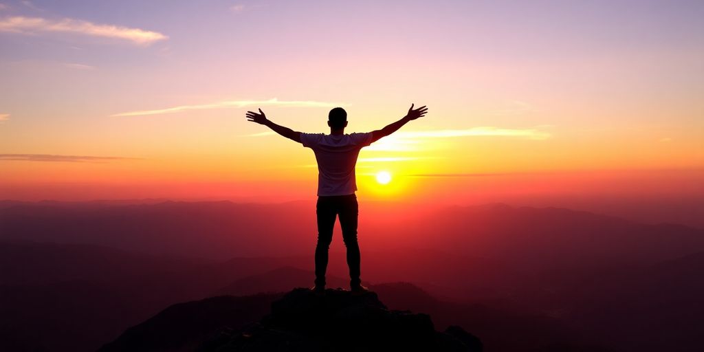 Person standing on mountain, arms outstretched, sunrise.