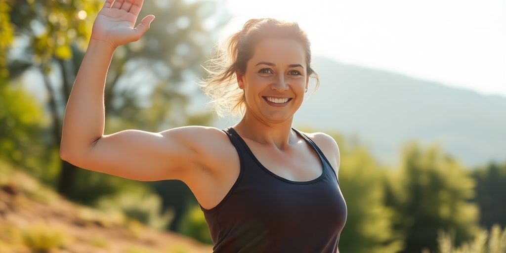 Person confidently exercising outdoors, sun shining.