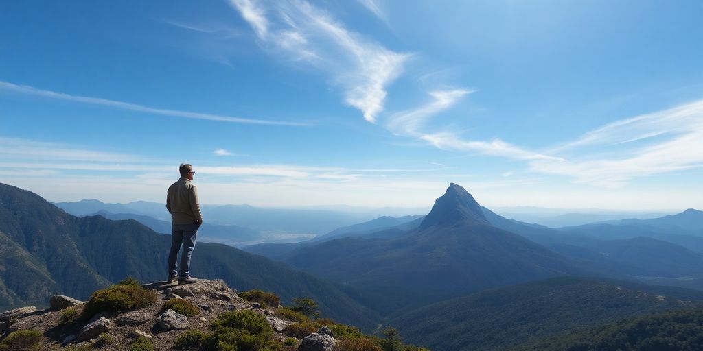 Person standing on mountain, looking at distant peak.