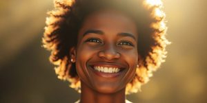 Person smiling confidently, basking in sunlight.