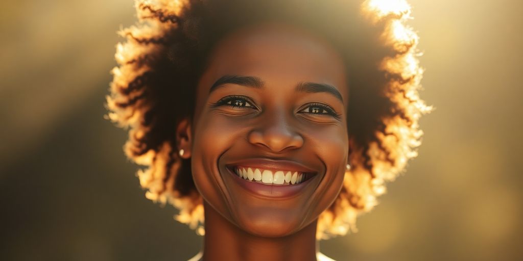 Person smiling confidently, basking in sunlight.
