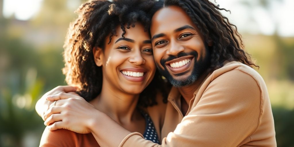 Happy couple embracing, showing strong relationship connection.