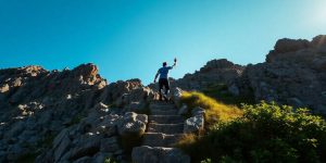 Person climbing a mountain peak towards the summit.