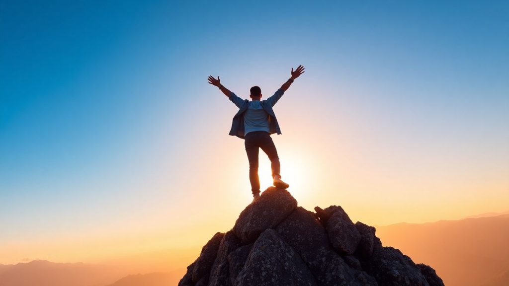 Person celebrating success on a mountain peak at sunrise.